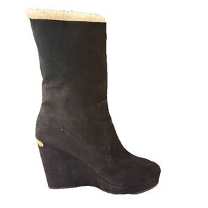 JUICY COUTURE Jckasia Black Suede Faux Fur Lining Mid Calf Wedge Boots Sz 10M